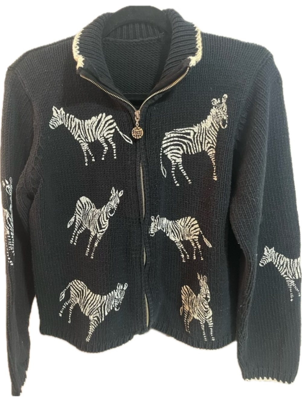 Vintage black white zebra animal print zippered designer estate sweater 1990’s
